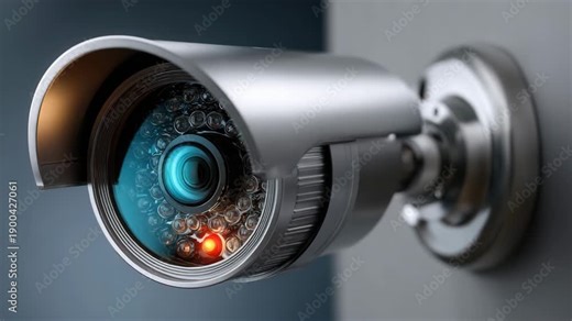 Close-up of a modern security camera with red recording light on