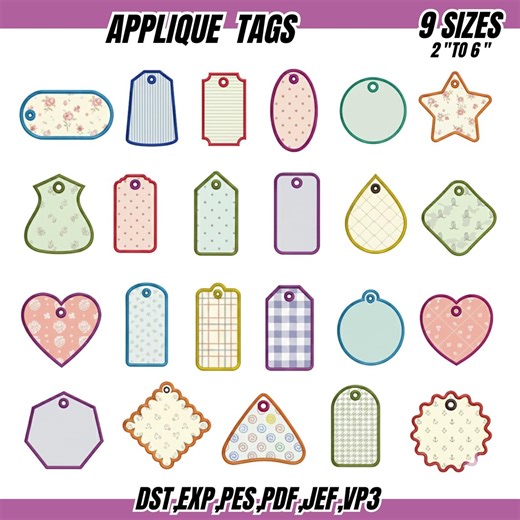 Tag Applique Embroidery Designs, Applique Machine Embroidery Design File - Instant Download - 9 Sizes - 20 Types Designs - Etsy