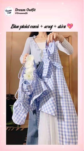 Blue plaid cami + scraf + skirt 💖