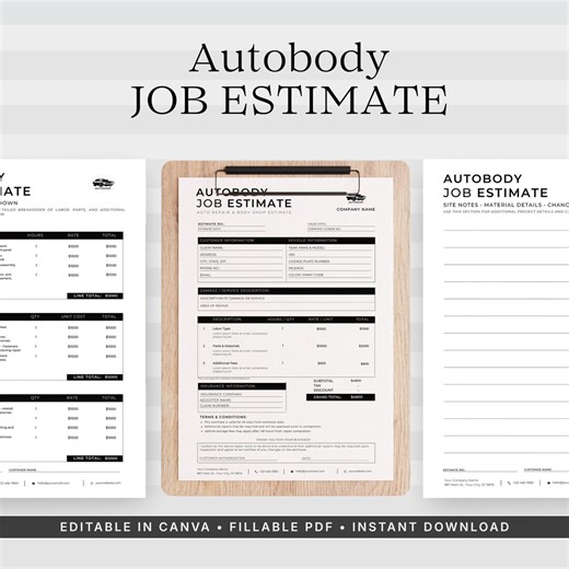 Autobody Job Estimate Template, Auto Repair Estimate Quotation, Editable Canva & Fillable PDF - Etsy