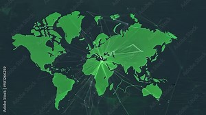 Green glowing points dynamically highlighting regions on a world map, showcasing significant areas and global connections