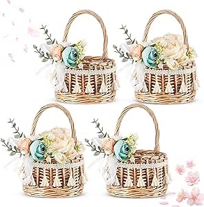 Thyle 4 Pcs Flower Basket with 4 Pcs Purple Wedding Wrist Corsage Small Rattan Woven 5.12 x 8.27 Inch Rustic Wicker Floral Basket with Artificial Flowers and Handle for Home Wedding Birthday Decor