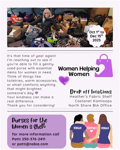 💜 Purses for Women Helping Women – Purse Drive for the Women's Shelter 💜 I am collecting gently used purses filled with essentials to support women in need this holiday season. Your kindness can make a world of difference! 👜 What to Include: Socks, mitts, brush, toothpaste, toothbrush, pads, tampons, lipstick, makeup, gift card, candy, panties, scarves, toque, travel mug—anything you consider essential is likely essential to someone else. 📅 Collection Deadline: December 15, 2025 📍 Drop-Off 