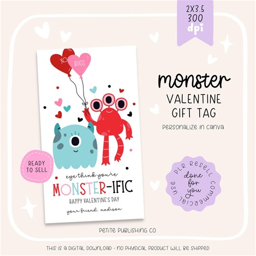 Monster Valentine Gift Tag, Editable Canva Template, Loot Bag Topper, Customizable Candy Label, Resell - Etsy