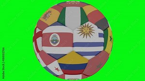 Soccer ball in colors of the participants of the World Cup rotates on a green transparent background, 3d rendering, png format with alpha channel transparency