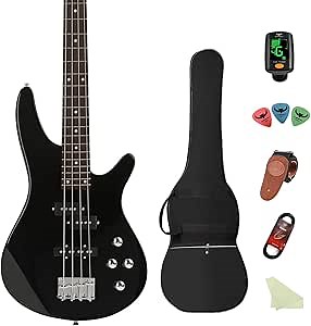 Electric Bass Guitar 4 Strings Full-Size Standard Bass PB-Style Beginner Kit Black for Starter with Gig Bag Guitar Strap and Guitar Cable(PJ-Black)