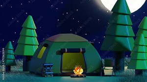 Camping Bonfire Ambience - An inviting scene with a flickering bonfire surrounded by the tranquil forest, radiating warmth into the night. 3D Animation. 3d camping