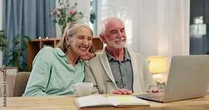 Home, video call and senior couple with laptop, greeting and online communication with distance relatives. People, man and woman with computer, wave or hello with virtual meeting and app for chatting