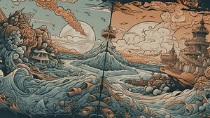 Up to 4K resolution, art of psychedelic poster, with the sky and ocean behind