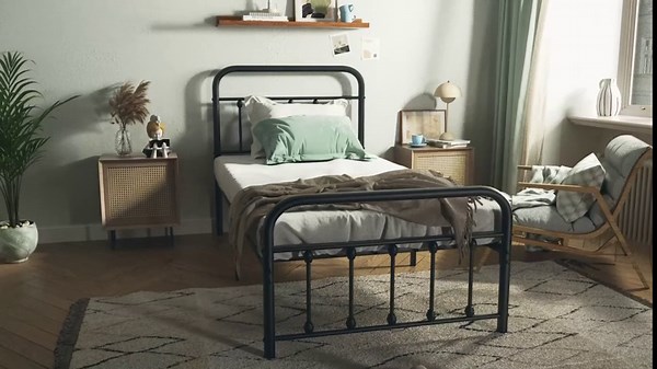 VECELO Purple Bronze Sturdy Metal Platform Bed Frame Classic Victorian Style Bed Frame with Headboard and Footboard Under Bed Storage No Box Spring Needed Twin Size