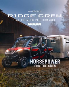 4 doors and a fully enclosed cabin on the all-new 2025 RIDGE CREW utility side x side makes work a whole lot easier. | Kawasaki USA