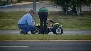 Toddler caught driving Power Wheels toy car on highway