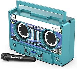 Bumpboxx Remixx Retro Bluetooth Boombox | Portable Cassette-Style Speaker with High-Fidelity Sound & Wireless Mic | Neon Blue