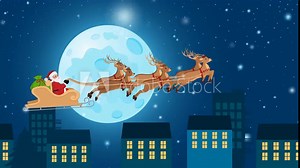 Cartoon animation featuring Santa Claus with his reindeers and sleigh flying above a town, motion graphics Stock Video