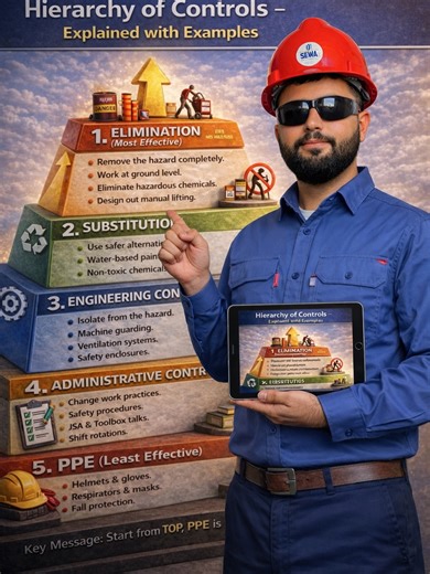 Zubair Khan on Instagram: "Hierarchy of Controls - The Foundation of Real Workplace Safety When we talk about safety at work, the goal is not just to protect people, but to remove the danger as much as possible. The Hierarchy of Controls helps us decide the best way to control risks, starting from the most effective solution to the least effective. 1. Elimination (Best option) If there is no hazard, there is no risk. This means removing the danger completely. For example: ✔️ Doing work at ground