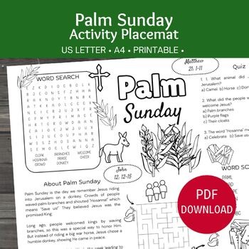 Palm Sunday Activity Placemat, Holy Week Sunday School Lessons and Worksheets