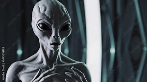 3D animated white-skinned alien gesturing with hands while speaking, set inside a futuristic sci-fi interior. Ideal for space diplomacy scenes, storytelling, or alien monologues.