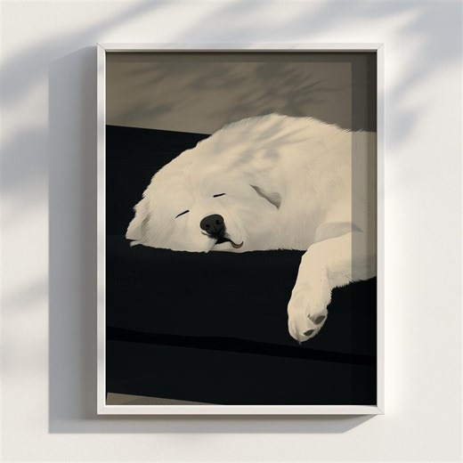 Ukiyo-e Great Pyrenees Dog Relaxing on Black Sofa | White Fluffy Dog Portrait Art Print | Digital Download | Wall Art | the Great Drools - Etsy