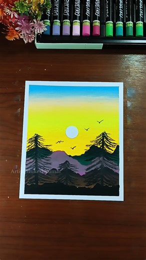 ✨ Easy mountain and Christmas tree painting l Oil Pastel Art #shorts #ytshorts #stepbystepdrawing