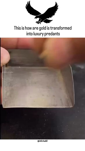 Info Hubs on Instagram: "The video shows the complete process of transforming raw gold into a finished luxury pendant, focusing on traditional craftsmanship combined with precise manual skills. It begins with a close-up view of a small rectangular sheet of gold placed on a metal work surface. The gold appears slightly dull and unpolished, indicating it is still in its raw or semi-processed form. A craftsman’s fingers carefully hold and adjust the sheet, showing control and experience. Next, the