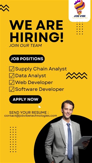 🌟 Career Opportunities at JobVibe Technologies LLC 📍 Location: United States 📧 Apply at: contact@jobvibetechnologies.com At JobVibe Technologies LLC, we are committed to driving innovation and delivering top-quality solutions across industries. We are hiring for multiple exciting roles — join our growing team! 📦 Supply Chain Analyst Responsibilities: Analyze workflows, identify inefficiencies, and suggest improvements. Monitor supplier performance, inventory, and logistics KPIs. Develop fore