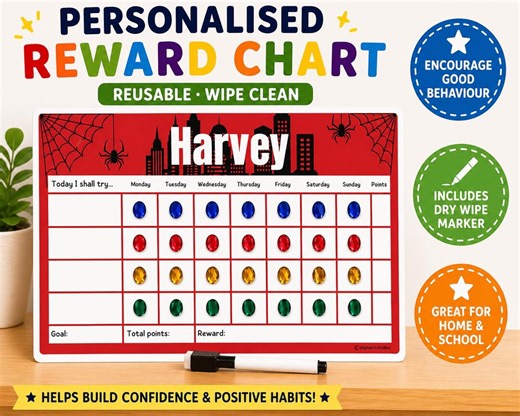 Personalised Spider Reward Chart Kit | Reusable Behaviour Chart With Gems, Pen, Bag & Wall Sticker Strip - Etsy