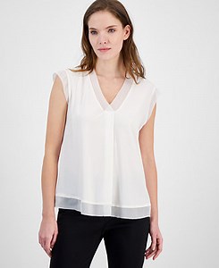 Anne Klein Women's Extended-Shoulder Mixed-Media Top - Macy's