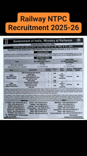 Railway NTPC Recruitment 2025-26 #railway | Government Jobs