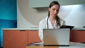 Female doctor using laptop computer online video call remote talking to patient, prescribe medicine. Telemedical, hospital clinic health care service.