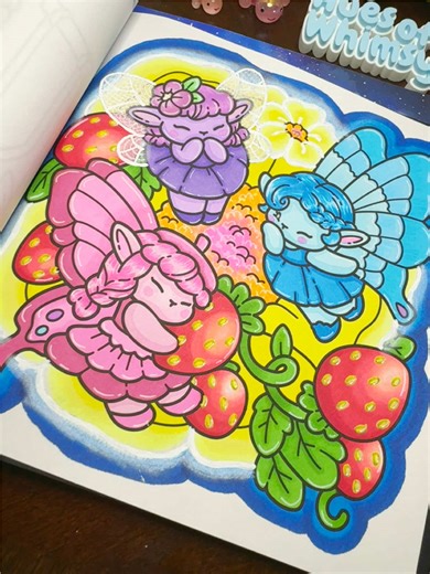 A fun, colorful vibe for my first page in @Jade Summer Coloring Books Cozy Kingdom!! It’s got glowy flowers, fairies, and strawberries.. as well as my first go at lace wings! Thanks to those that were there and helped me pick colors! #markerart #cozycoloring #coloringtechniques #colortok #jadesummer