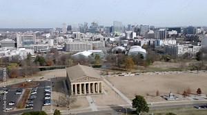 Parthenon building in Nashville, Tennessee with drone video moving down.
