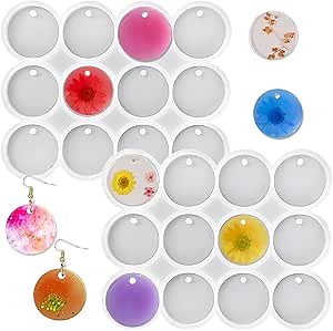 2Pcs Round Keychain Silicone Mold 12 Cavity Round Pendant Epoxy Resin Mold with Hole 1.38 inch Flat Blank Charms Resin Casting Mold Pet Tag DIY Craft Making Tool