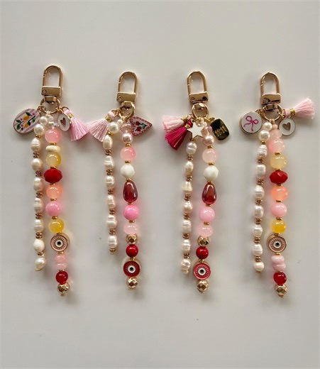 Valentine Candy Beaded Bag Charm/ Keychain, Pink & Red Pearl, Handmade - Etsy