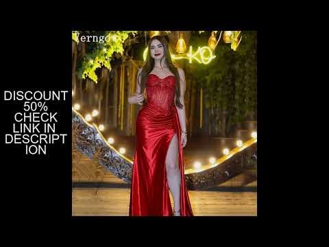 Verngo Red Satin Sequined Evening Dresses Women Elegant Mrtmaid Prom Party Dress High Split Sexy Ple