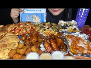 ASMR:DOMINO'S FULL MENU,BBQ CHICKEN WINGS,GARLIC BREAD,PASTA,PIZZA,TACO MEXICANA *FOOD VIDEOS*