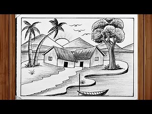 How to draw rural scenery drawing step by step / easy landscape tutorial