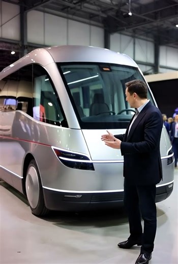 A photograph of Elon Musk next to a futuristic bus in an indoor exhibition space.