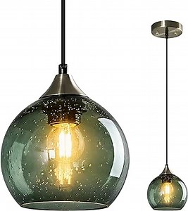 Gray Green Glass Pendant Lights Kitchen Island Lighting Globe Pendant Light Fixtures Modern Pendant Lighting for Kitchen Island Bedroom Living Dining Room Light Fixture(5.9in, 1-Pack)