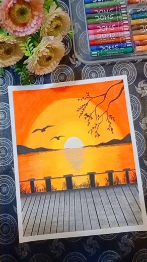 🌅Sunset Over Lake Drawing | Easy Oil Pastel Art #art #drawing #new #oilpastel