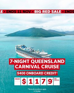 SALE ALERT 🚨 Set sail along the Queensland coast with Carnival & get $400* onboard credit! 🌊 ✅ 7-night Carnival cruise from Brisbane onboard Carnival Encounter 🚢 ✅ Breakfast, lunch & dinner at Waterfront Restaurant, Angelo's, Dragon Lady & more! 🍴 ✅ Dive-In Movies, Stage shows, Comedy Club & more! 🎭 ✅ Video Arcade, Cloud 9 Spa, The Edge & more! 🎮 👨✈️ Enquire with a travel expert today 📞 Call us on 133 133 💬 24/7 customer support 📅 Departs 20 Mar 26. Deal 21795984. | Flight Centre Austr