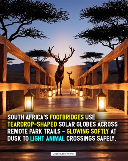 Lighting the Wild, Gently ✨ In South Africa, where human paths cross the secret trails of wildlife, a quiet innovation is changing the night. Teardrop-shaped solar globes — glowing softly like seeds of light — now line remote park footbridges and crossings. By day, they drink in sunlight. By dusk, they awaken, casting a warm, golden glow that guides both people and animals safely across. But these lights aren’t just for beauty. Their gentle radiance marks the way without startling nocturnal crea