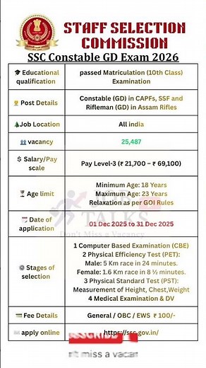 SSC GD 2025-26 staff selection commission recruitment #jobtalks4u #shorts POLICE CONSTABLE JOB