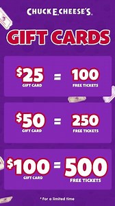 6.2K views · 90 reactions | Our Gift Card Special is a win-win. Purchase online, and get a little gift for your child in return—up to 500 tickets! Available for a limited time. | Chuck E. Cheese | Facebook