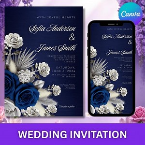 Navy Wedding Invitation Template, Blue Roses Invite, Navy Wedding, Navy Flowers, Navy and Gold Invite,dusty Blue Invitation, DIY Canva - Etsy
