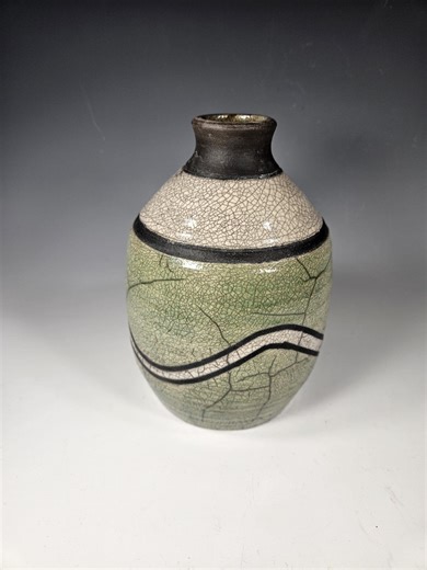 Raku Pottery Vessel – Green White Black Ceramic Art Vase – Rustic Home Decor - Etsy
