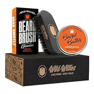 Wild Willies Beard Brush & Beard Balm Leave-In Conditioner Kit, Boar Bristles, Travel Size, Ergonomically-Designed Handle, Promotes Fast Beard Growth & Removes Itch