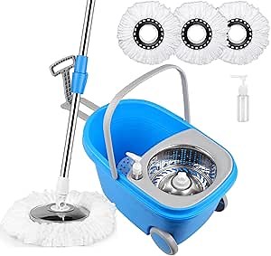 Spin Mop and Bucket with Wringer Set, 3 Washable Microfiber Pads Included for Floor Cleaning, Adjustable Stainless Steel Handle, Easy Moving with Wheels, Blue