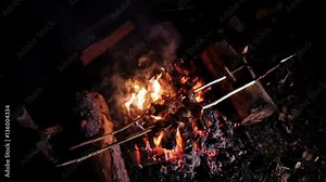 Roast meat on a stick over a campfire roasting directly
