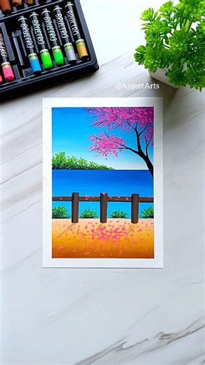 🌸 Easy Pink Blossom Tree by the Lake | Oil Pastels #Shorts