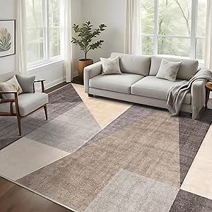 Washable Modern Area Rug: 8x10 Large Geometric Area Rugs for Living Room & Bedroom with Non-Slip Backing Modern Geometric Carpet for Living Room Brown Grey 8'x10'.